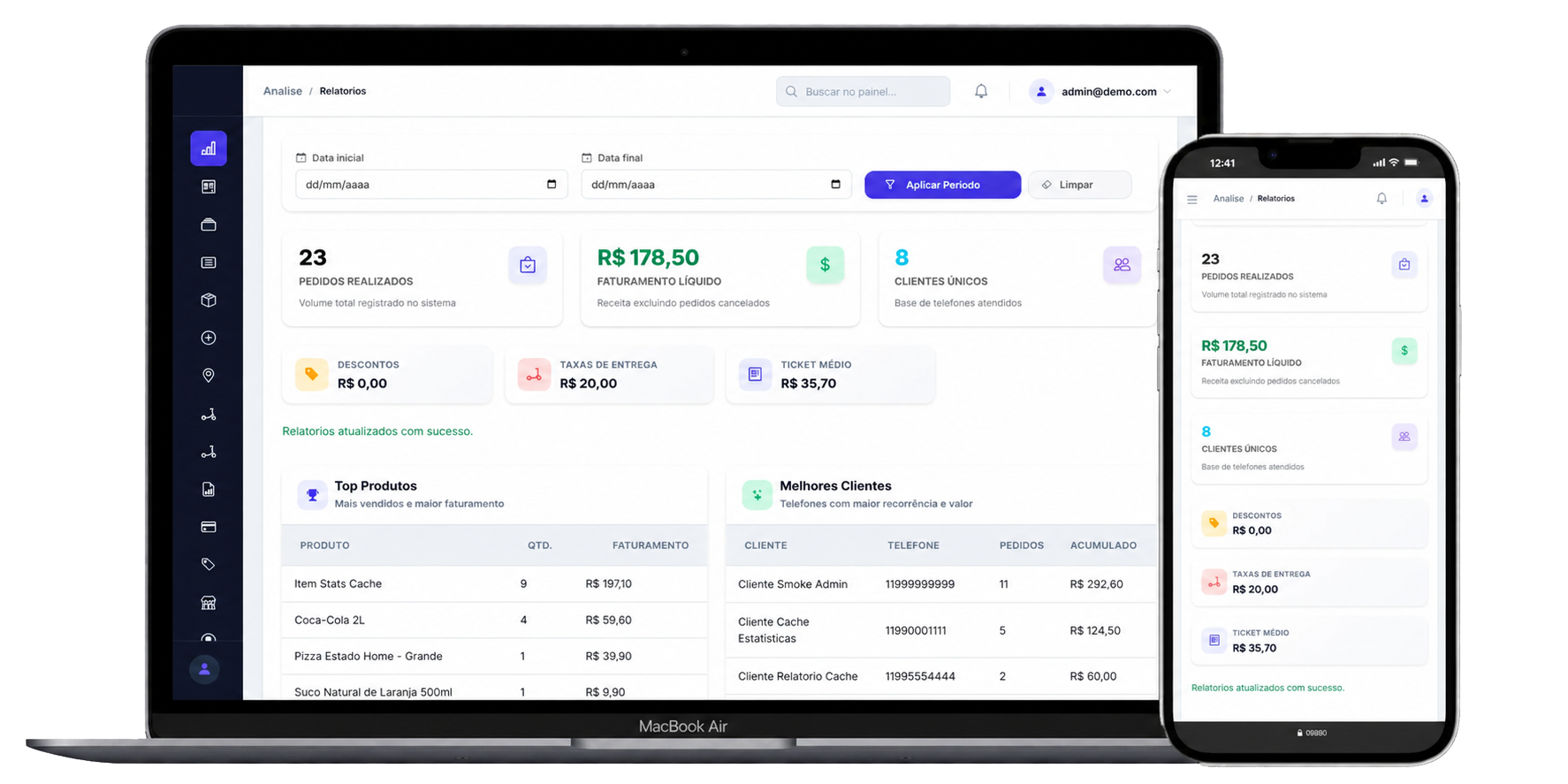 Painel administrativo e cardápio em dispositivos